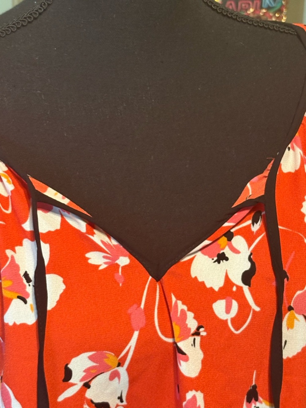 Bright Red Floral Tie-Neck Blouse - Picture 3 of 6